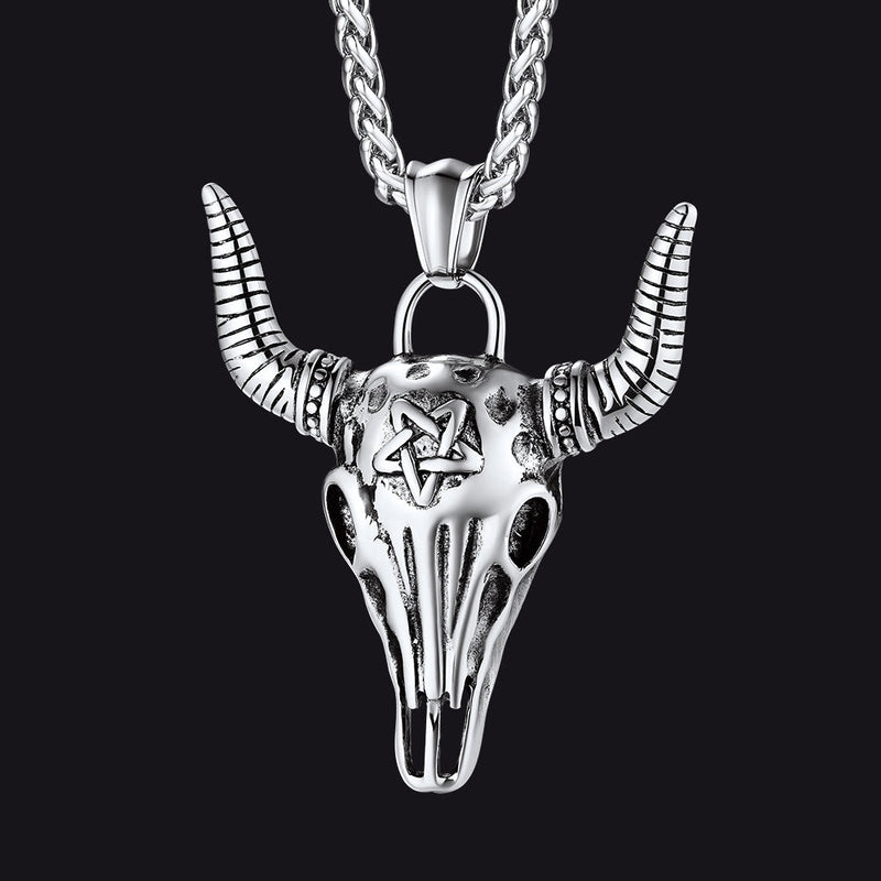 Flash Satanic Bull Cow Skull Necklace With Invert Pentagram for