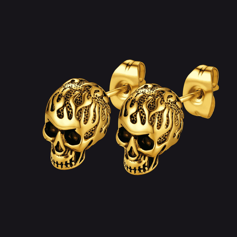 Gothic Flaming Skull Stud Earrings for