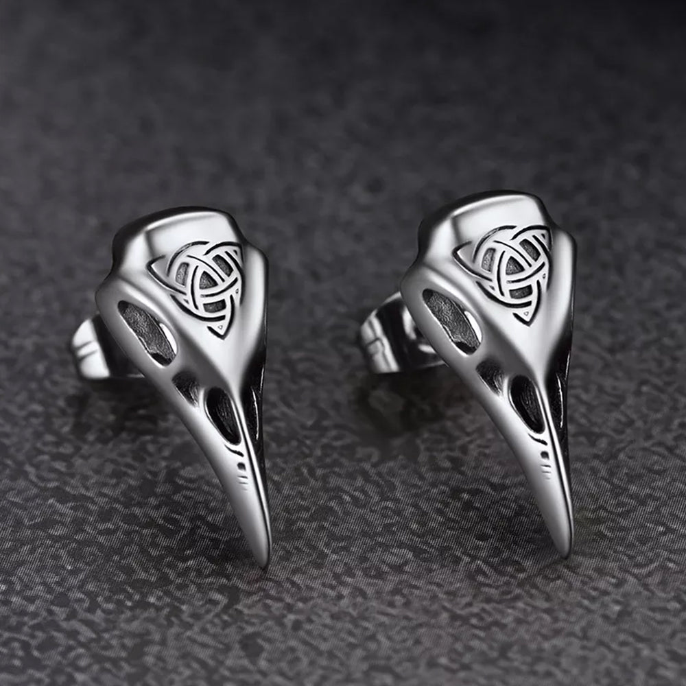 Viking Raven Skull Earrings Studs With Celtic Knot for