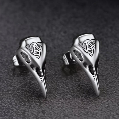 Viking Raven Skull Earrings Studs With Celtic Knot for