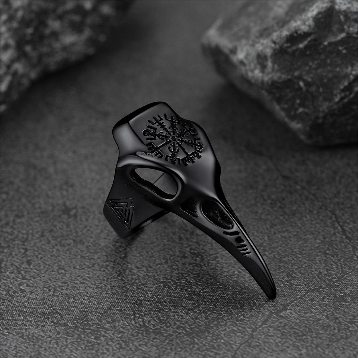 Raven Skull Ring With Viking Compass for