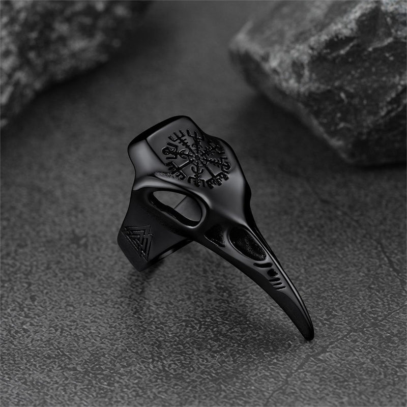 Raven Skull Ring With Viking Compass for