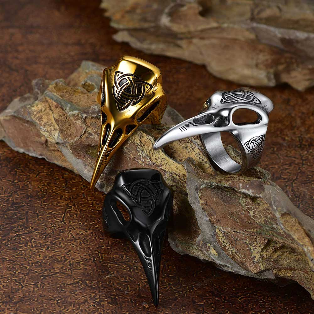 Viking Raven Skull Ring With Celtic Knot for