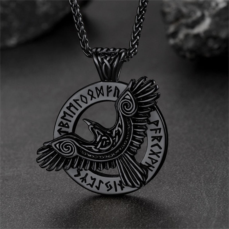 Viking Odin's Raven Necklace for With Runes