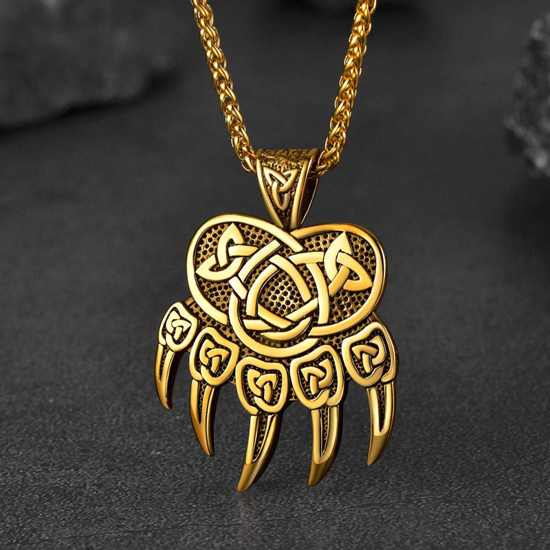 Viking Bear Paw Necklace With Celtic Knot for