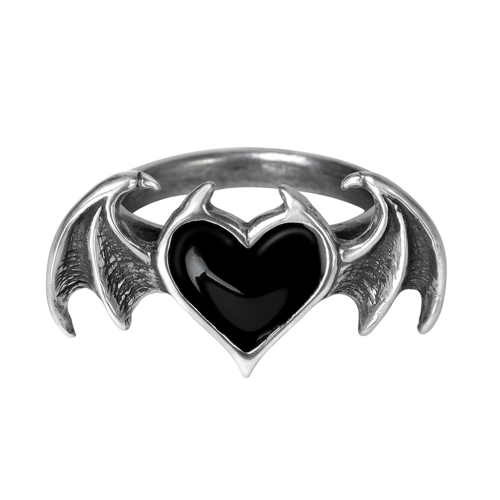 Enchant Black Heart Ring With Bat Wings Design