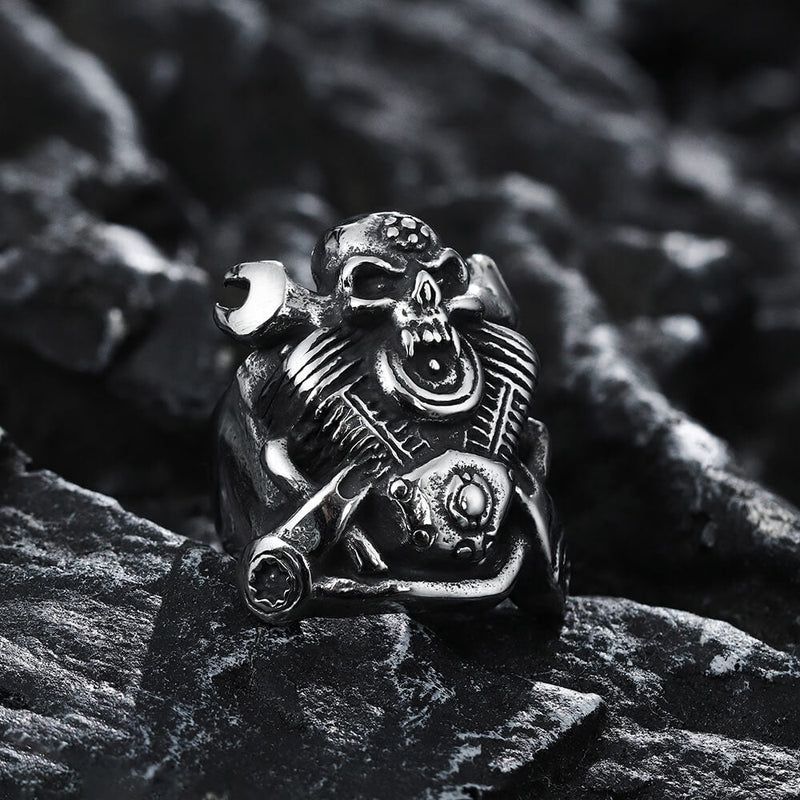 Engine Wrench Stainless Steel Skull Ring