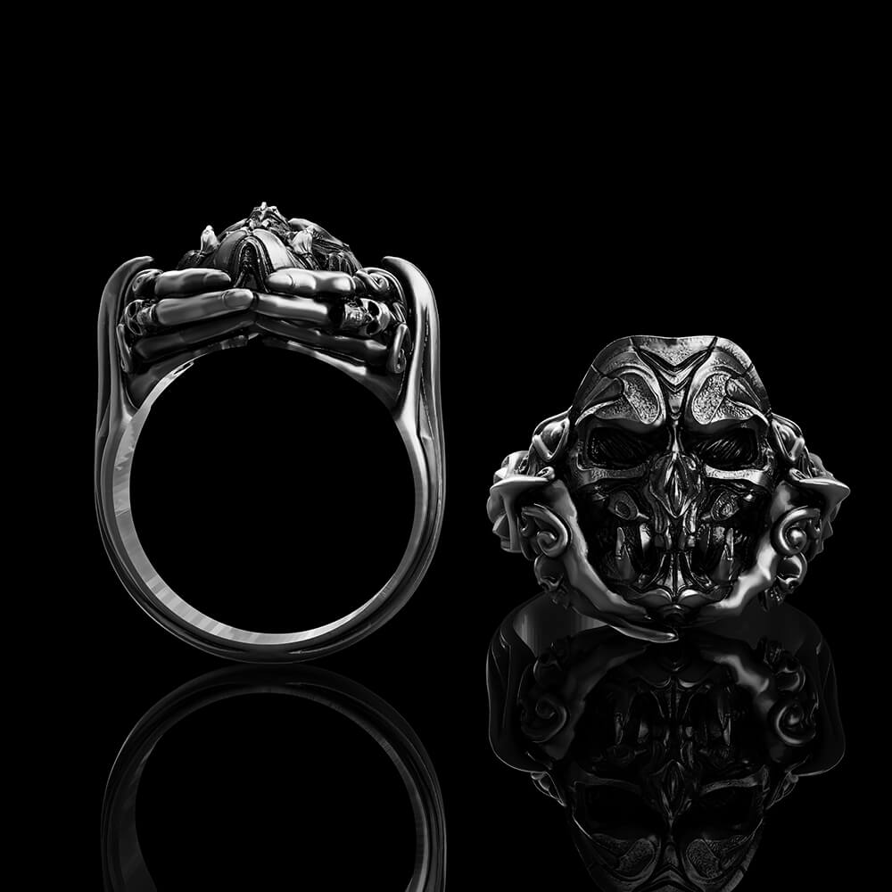 Evil Fangs Mask Sterling Silver Skull Ring