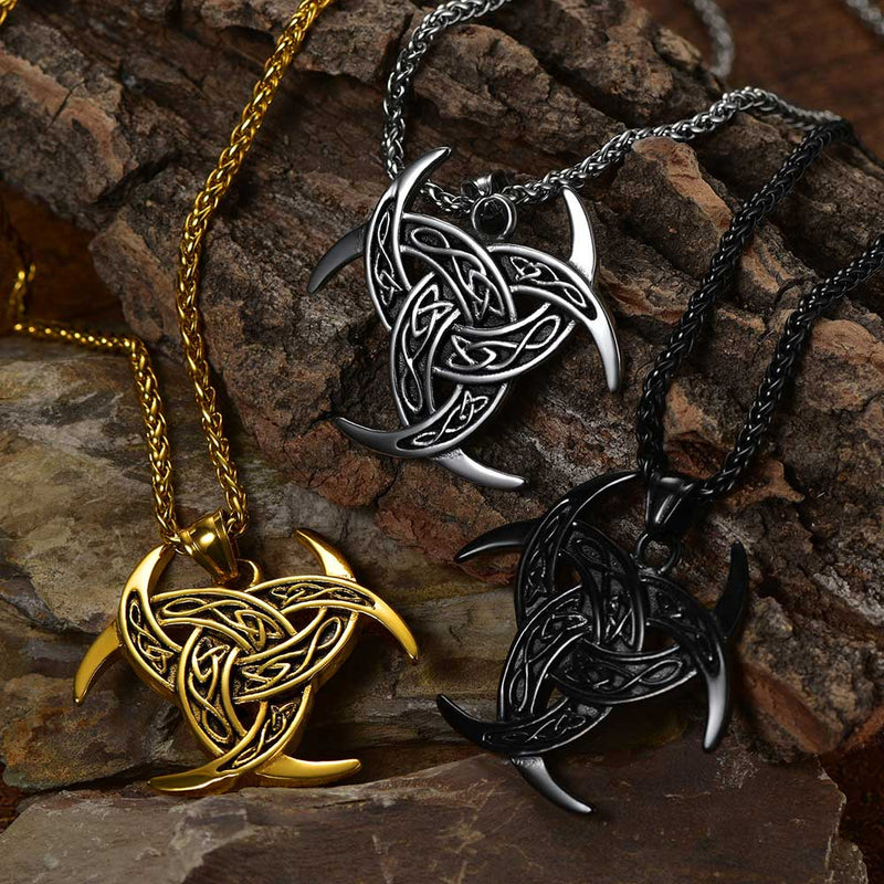 Viking Triple Horn of Odin Necklace Crescent Triquetra Charm Amuelt for
