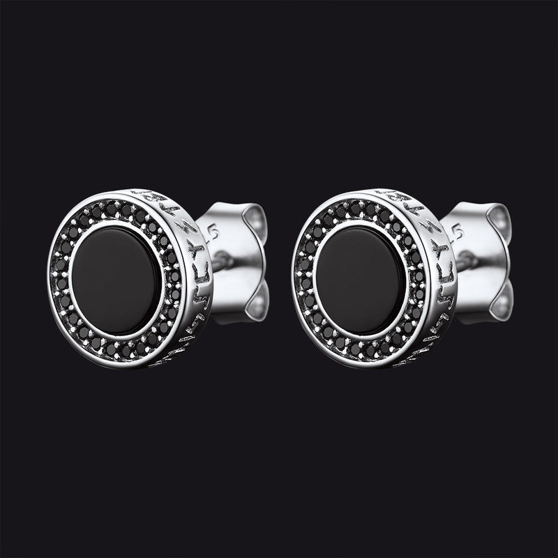 Viking Rune Black Onyx Stud Earrings in Sterling Silver for
