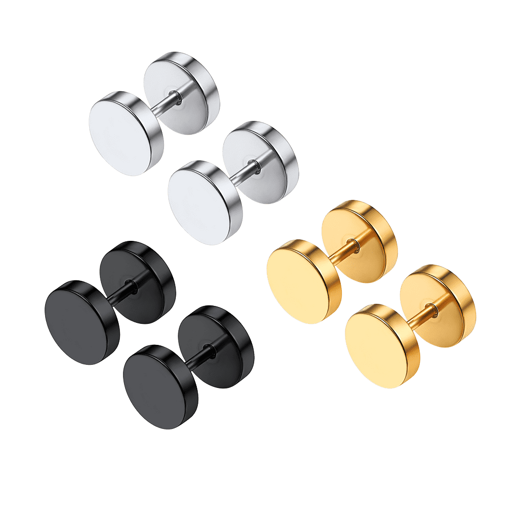 Punk Round Fake Plug Stud Earrings Set – 3 Pairs | 6mm & 8mm