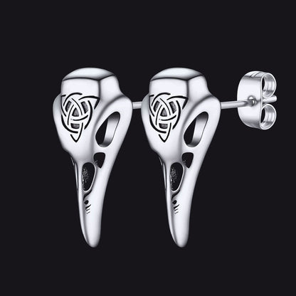 Viking Raven Skull Earrings Studs With Celtic Knot for