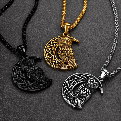 Viking Celtic Crescent Moon Owl Necklace for