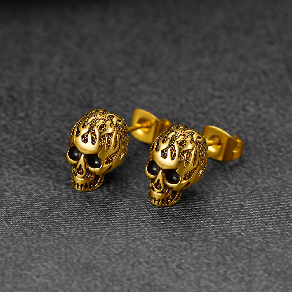 Gothic Flaming Skull Stud Earrings for