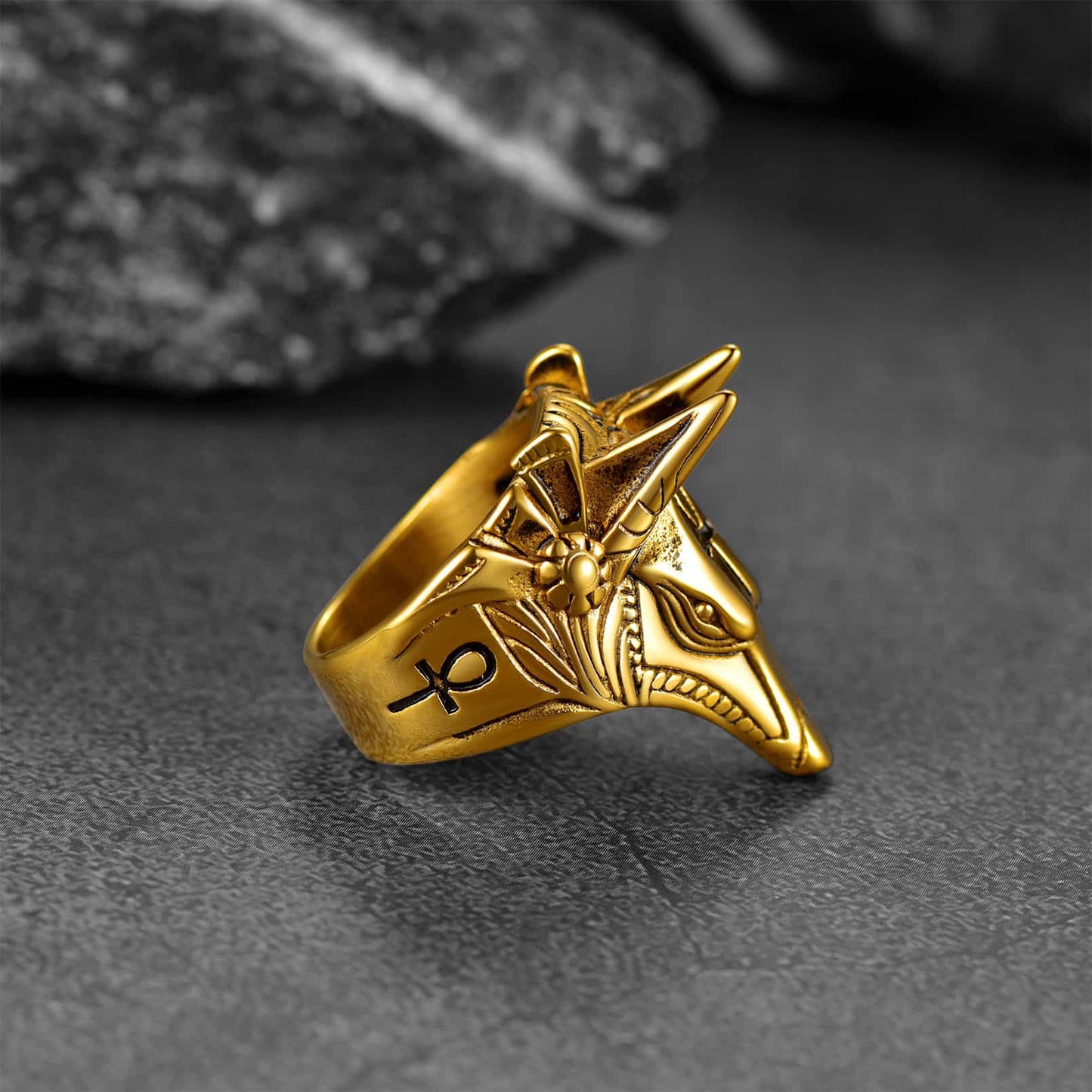 Ancient Egyptian Anubis Ring With Ankh Cross for