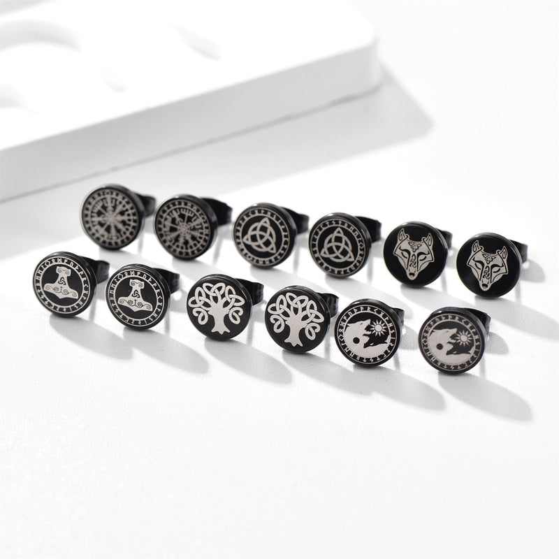 Viking Black Stud Earrings Set for 6 Pairs