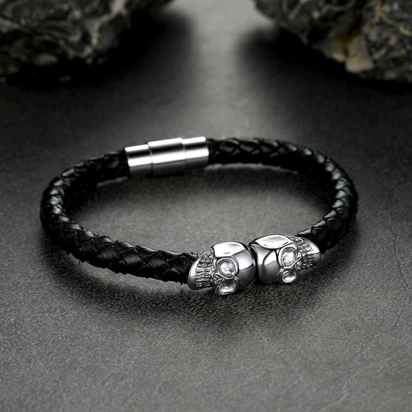 Black Braided Leather Bracelet With Skull for