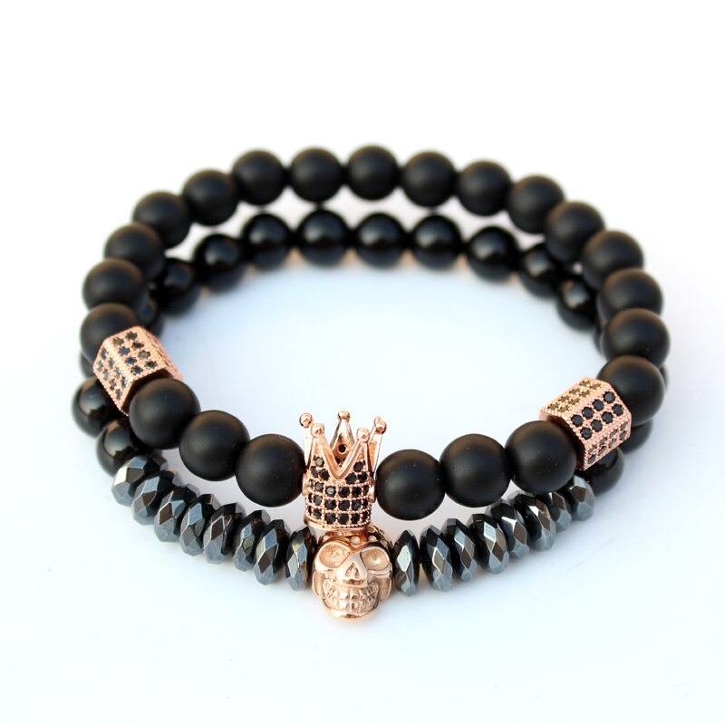 Bracelet With Matte Stone Beads / Set Jewelry of Crown and Skull