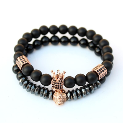 Bracelet With Matte Stone Beads / Set Jewelry of Crown and Skull