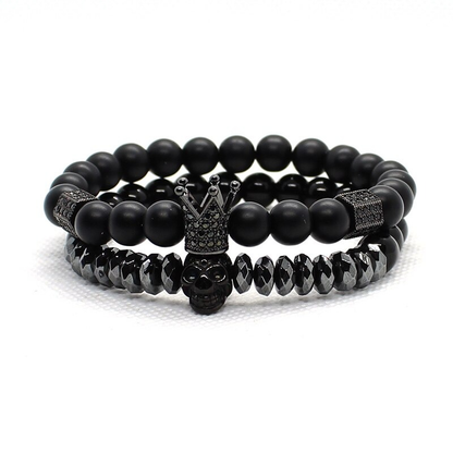 Bracelet With Matte Stone Beads / Set Jewelry of Crown and Skull