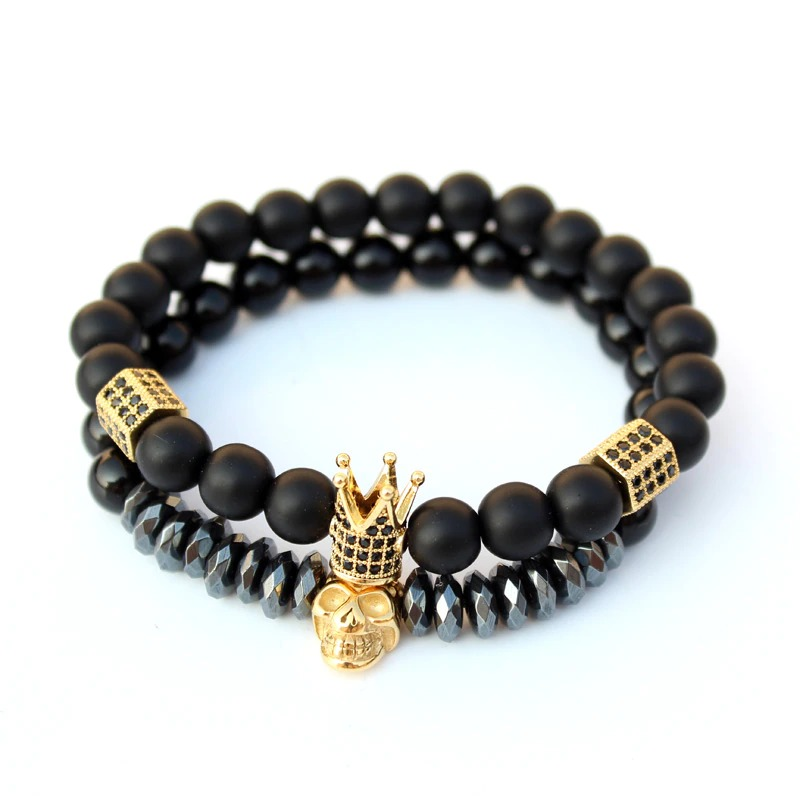 Bracelet With Matte Stone Beads / Set Jewelry of Crown and Skull