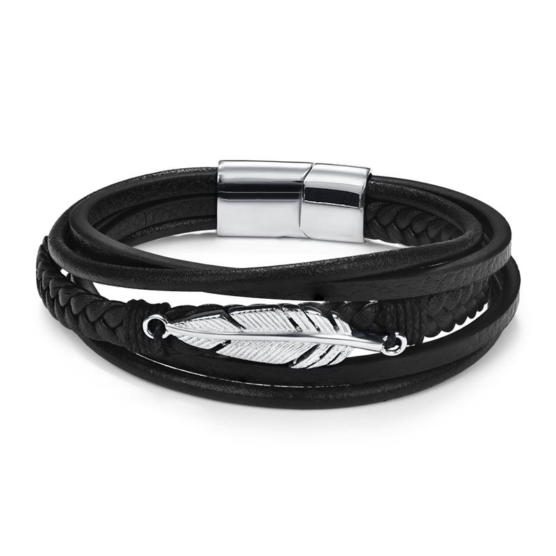 Genuine Leather Bracelet for and / Stainless Steel Leather Bracelet With Feather