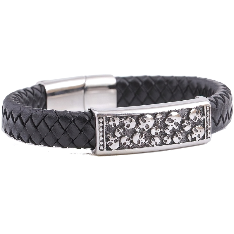 Genuine Leather Stainless Steel Bracelet With Skulls / Jewelry in Rock Punk Style