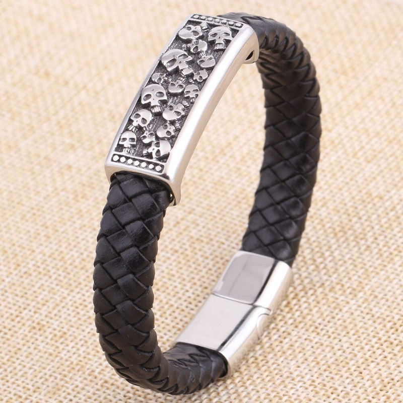 Genuine Leather Stainless Steel Bracelet With Skulls / Jewelry in Rock Punk Style