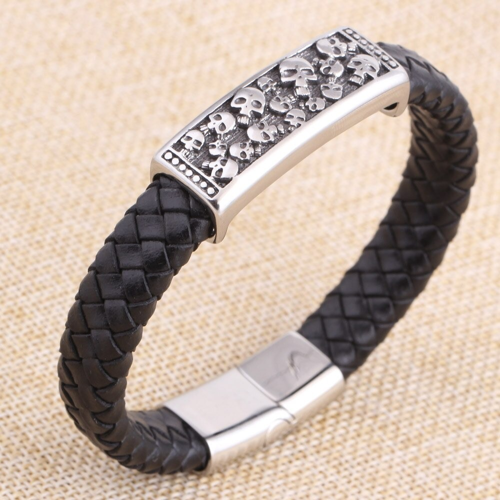 Genuine Leather Stainless Steel Bracelet With Skulls / Jewelry in Rock Punk Style