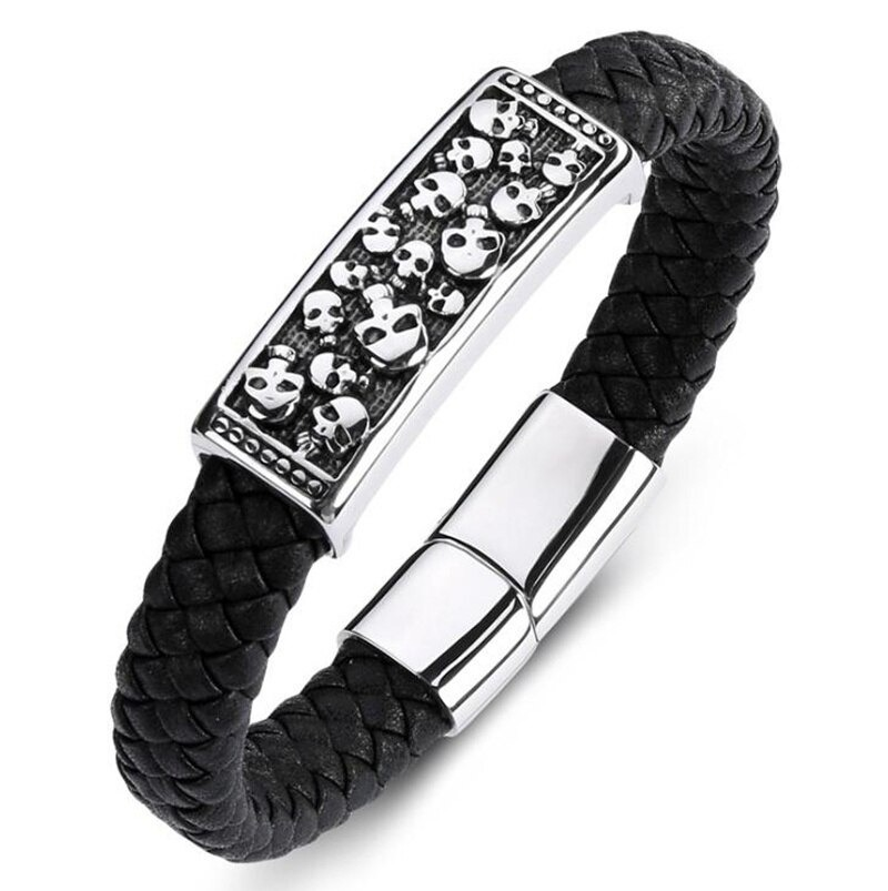 Genuine Leather Stainless Steel Bracelet With Skulls / Jewelry in Rock Punk Style