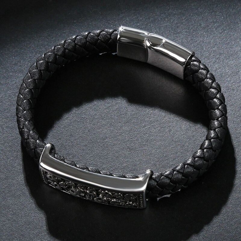 Genuine Leather Stainless Steel Bracelet With Skulls / Jewelry in Rock Punk Style