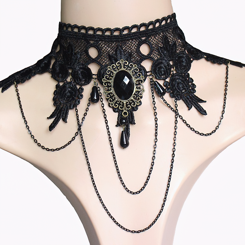Gothic Lace Necklace for / Jewelry With Black Big Stone