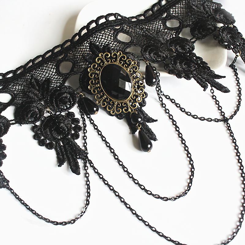 Gothic Lace Necklace for / Jewelry With Black Big Stone