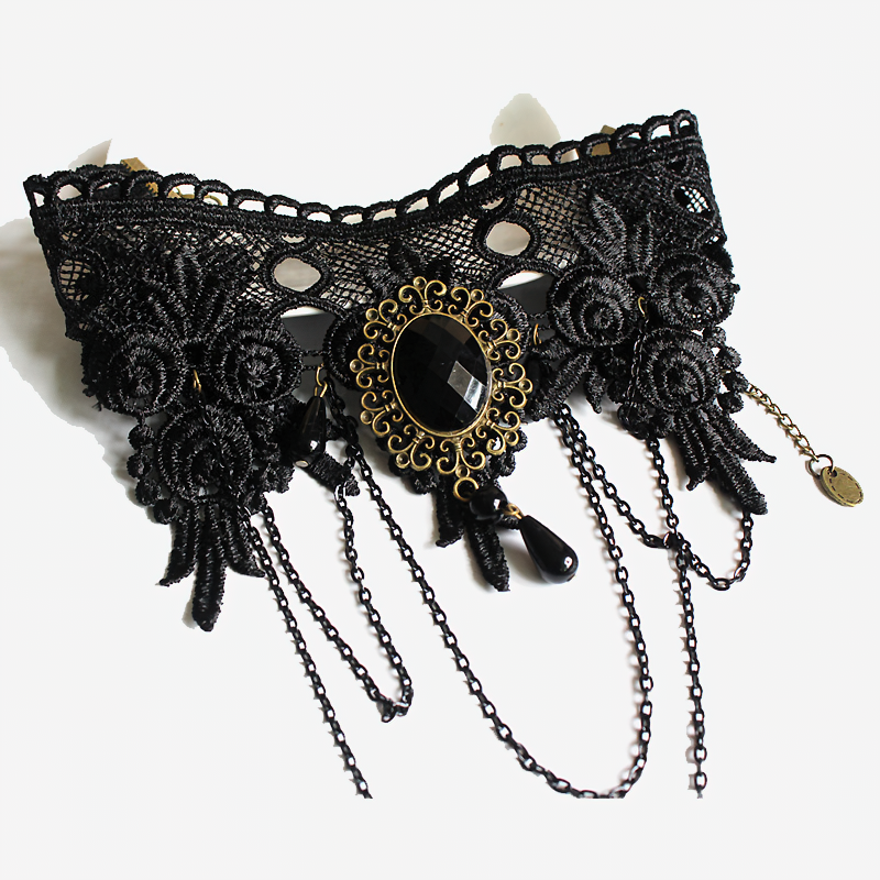 Gothic Lace Necklace for / Jewelry With Black Big Stone