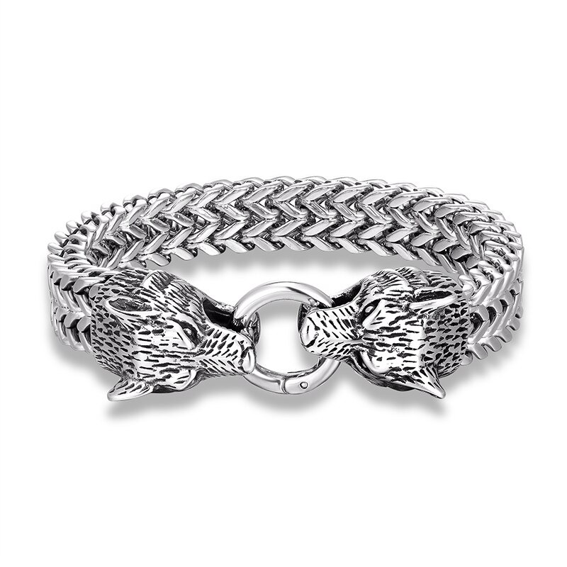 Male Thick Stainless Steel Bracelet With Head Wolf / Punk Rock Style Link Chain Jewelry