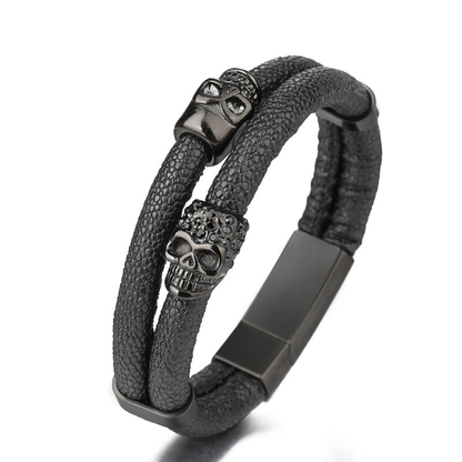 Stainless Steel Magnetic Clasp Skull Bracelet / Punk Style Genuine Leather Jewelry