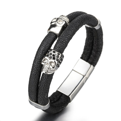Stainless Steel Magnetic Clasp Skull Bracelet / Punk Style Genuine Leather Jewelry