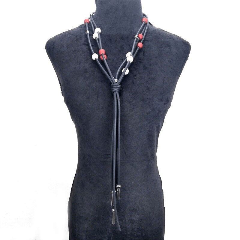 Red and White Pearls Long Necklace / Jewelry / Handmade Rubber Accessories