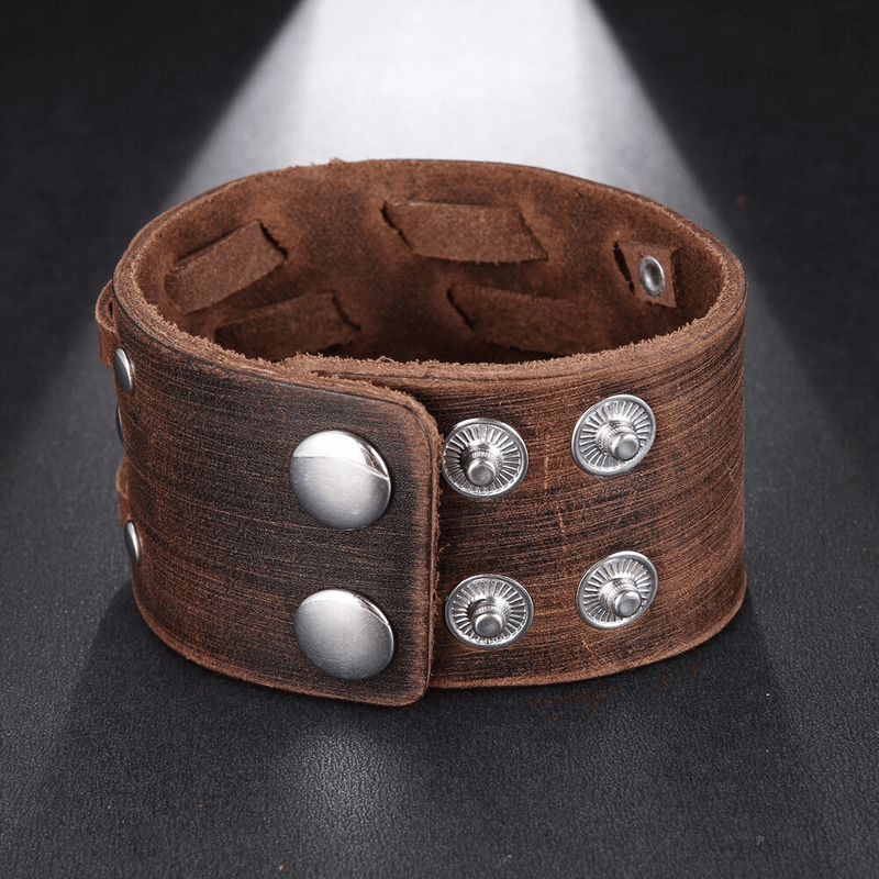 Wide Genuine Leather Bracelet / Brown Wide Cuff Bracelets / Punk Jewelry