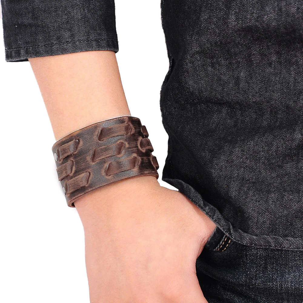 Wide Genuine Leather Bracelet / Brown Wide Cuff Bracelets / Punk Jewelry