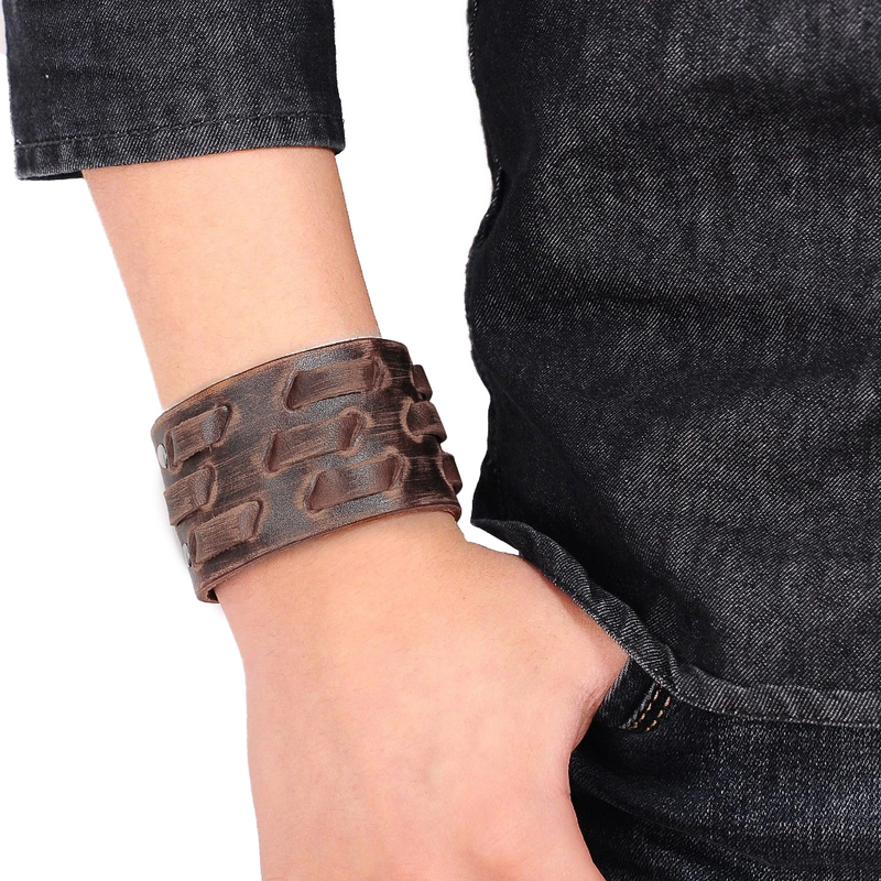 Wide Genuine Leather Bracelet / Brown Wide Cuff Bracelets / Punk Jewelry