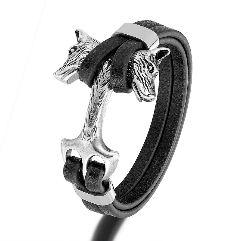 Wolfs Heads Anchor Bracelet / Leather Braslets in Punk Style