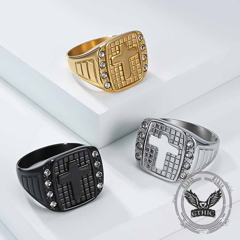 Cross Diamond-set Stainless Steel Ring