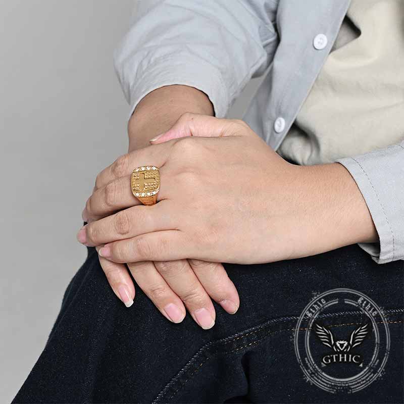 Cross Diamond-set Stainless Steel Ring