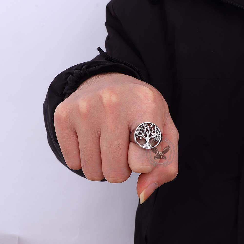Gem Hollowed Tree of Life Stainless Steel Viking Ring