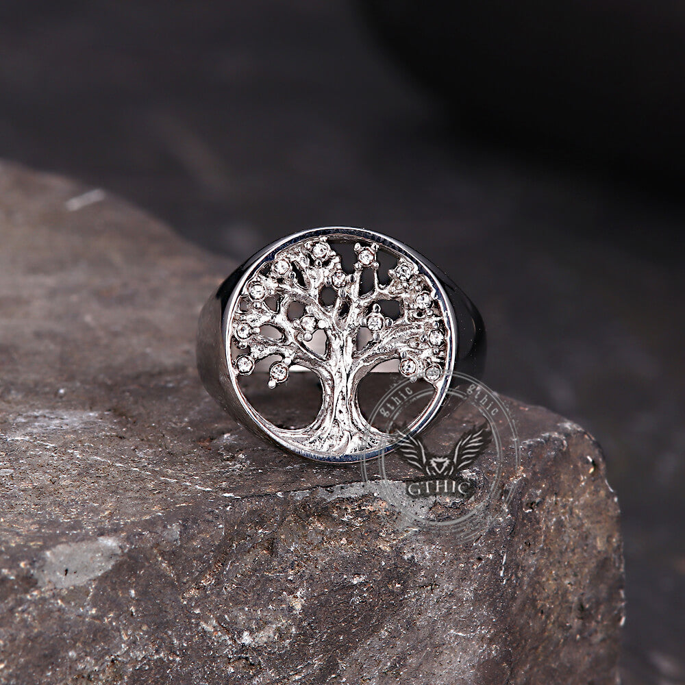 Gem Hollowed Tree of Life Stainless Steel Viking Ring