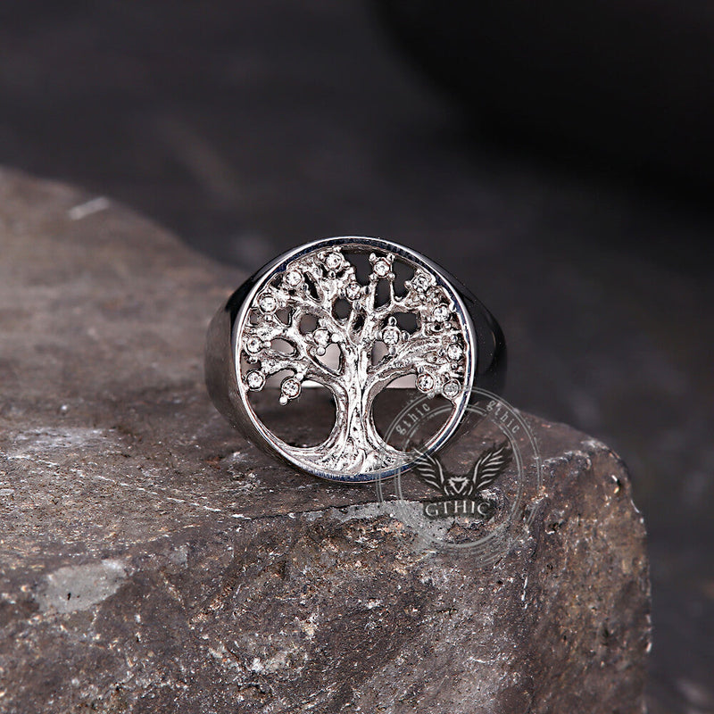 Gem Hollowed Tree of Life Stainless Steel Viking Ring