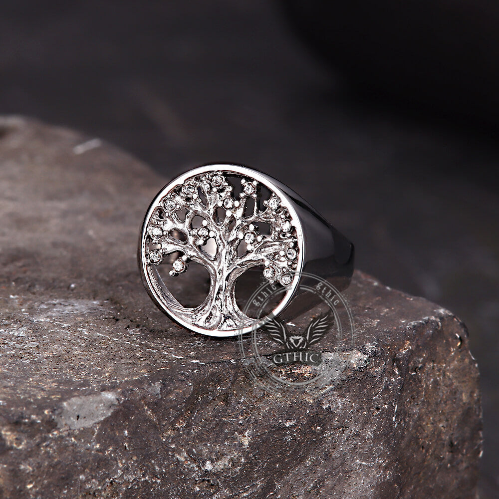 Gem Hollowed Tree of Life Stainless Steel Viking Ring
