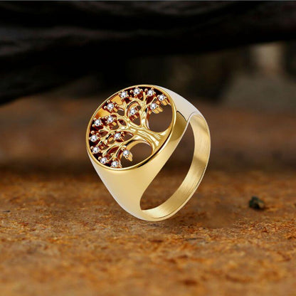 Gem Hollowed Tree of Life Stainless Steel Viking Ring