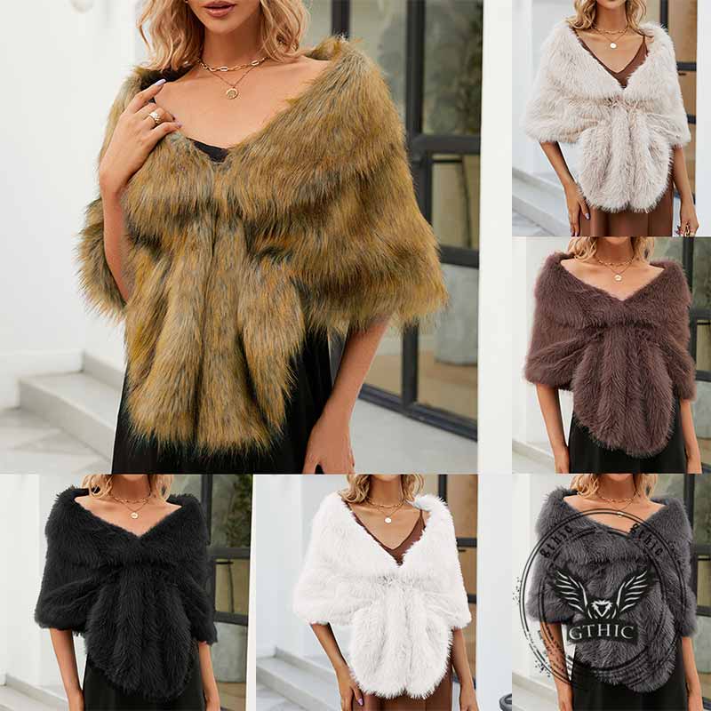 V-neck Faux Fur Party Gown Plush Shawl